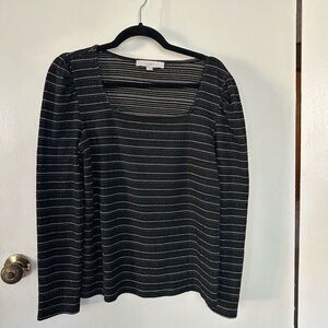 Loft Black and Silver Shimmer Puff Sleeve Square Neck Striped Women's Top Size L